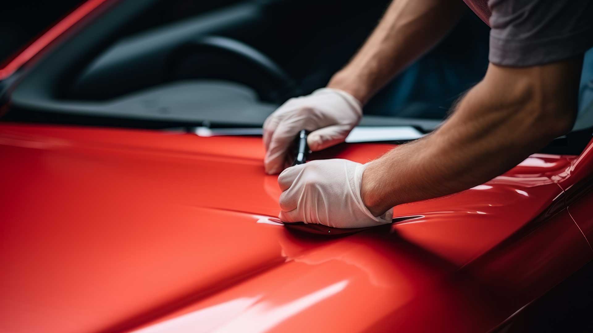 paintless dent repair man inspecting hood for hail damage